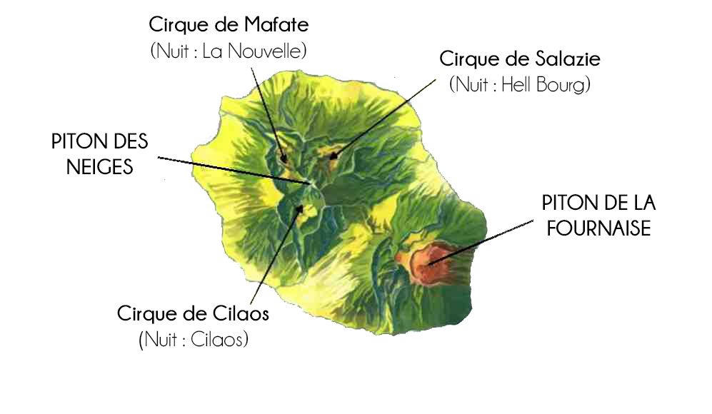 Carte la réunion cirques et piton de la fournaise piton des neiges
