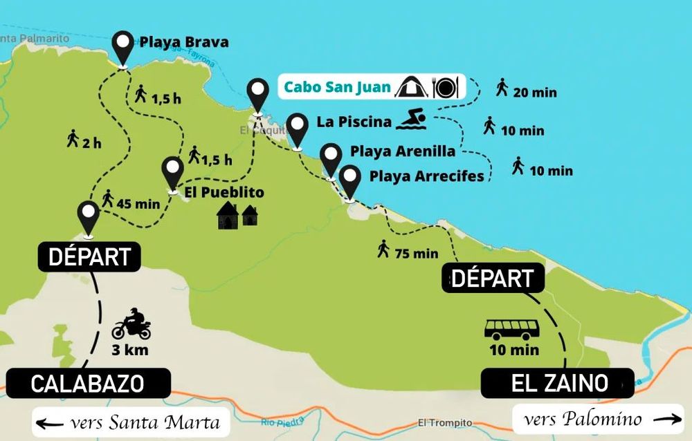 carte randonnée parc tayrona colombie itinéraire