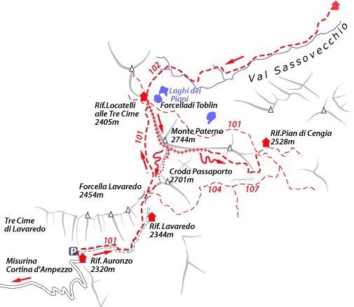 Via Ferrata Monte Paterno Innerkofler dolomites plan topo map carte