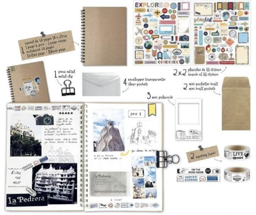 Kit carnet de voyage avec stickers, masking tapes et mini polaroids